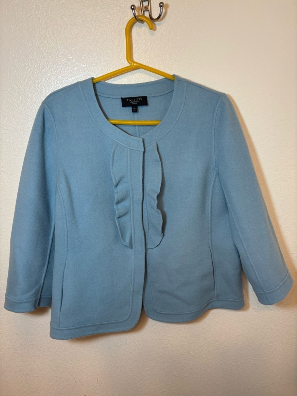 Talbots Pale Blue Collarless Ruffle Detail Coat